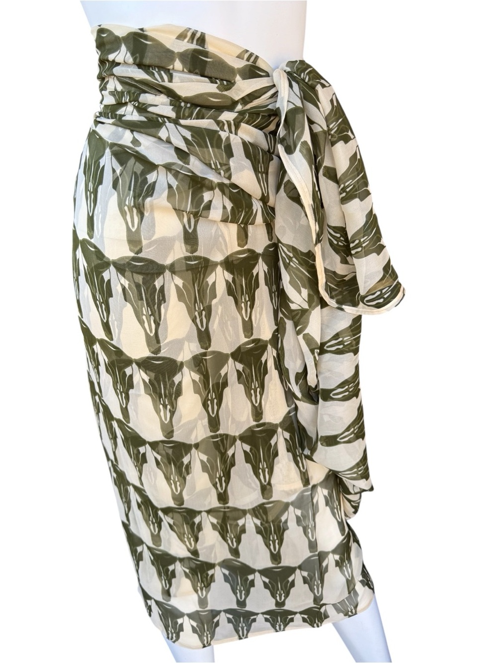 Olive green and beige steerhead skull silk voile Scarf, sarong, cover up
